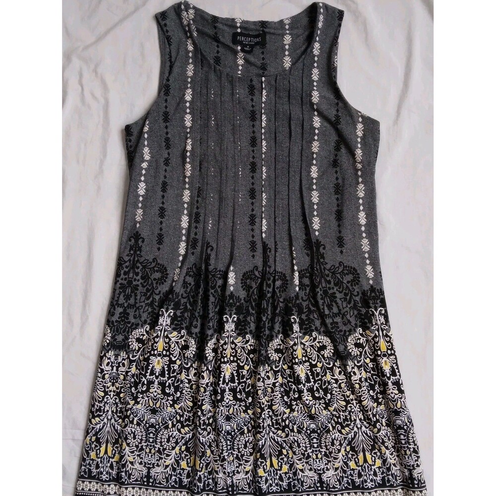 Perceptions New York Black White Yellow Dress Pleated Sleeveless Career Size 8 - Picture 2 of 10